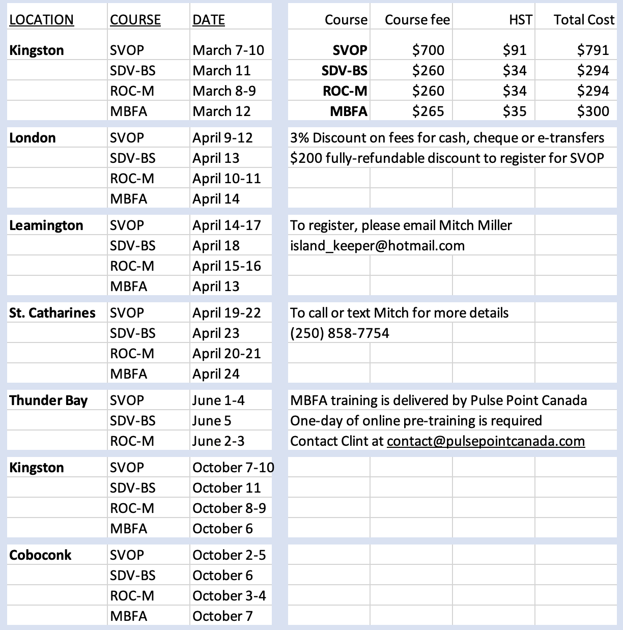 2026 Course Calendar